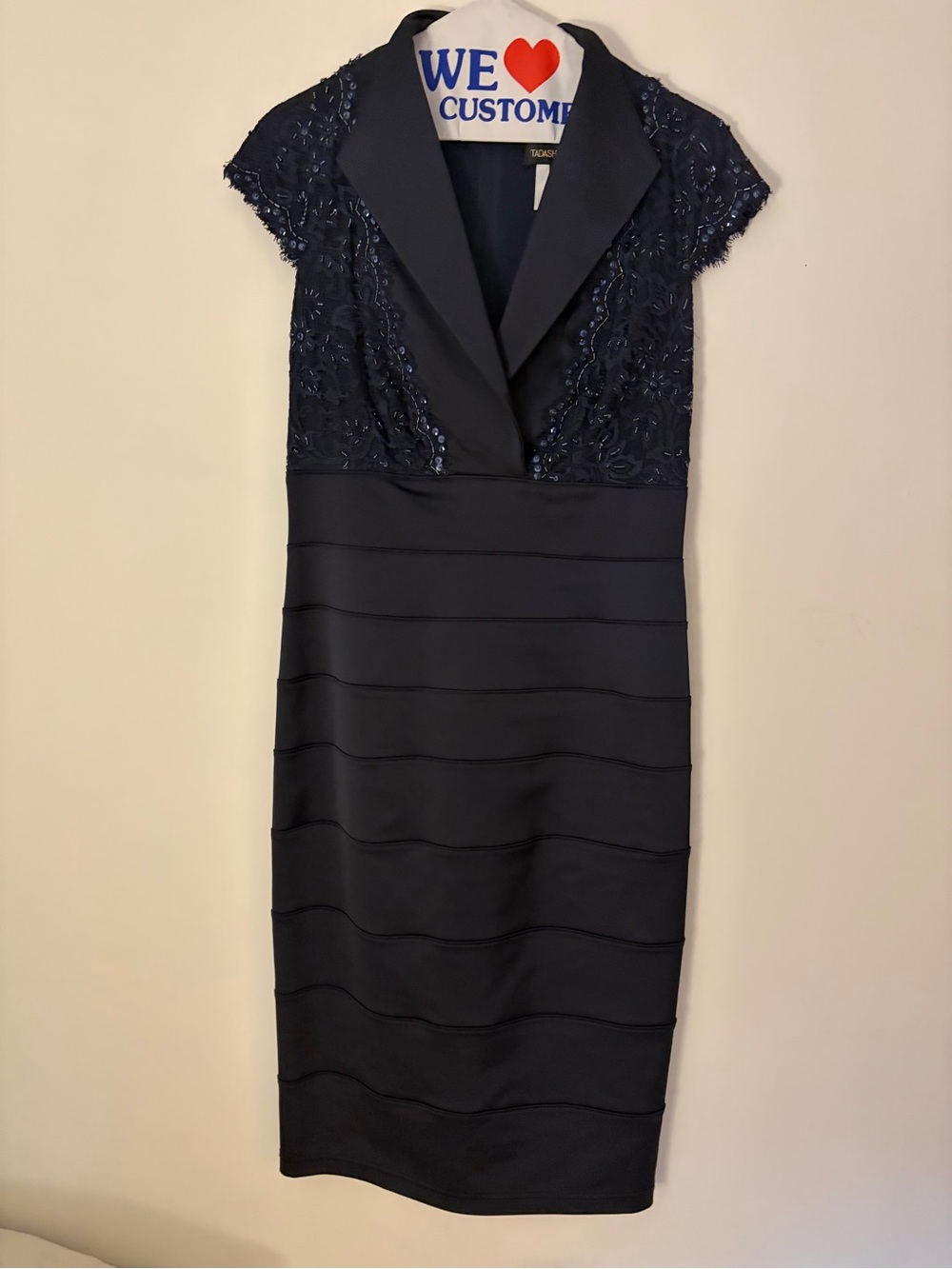 Tadashi Shoji Navy Embellished Lace-Top Midi Dress